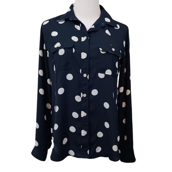 LOFT Blouse Top Career Office Professional Chic XS Navy Blue White Polka Dots - Picture 7 of 7